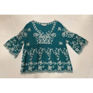Solitaire Women's Embroidered Green Open Shoulder Boho Blouse Top. Size M